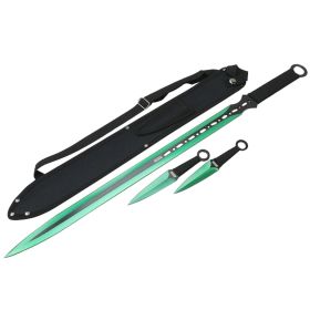 27'' Ninja Sword Machetes Full Tang 2 Tone Blade With 2 Throwing Knives 7" Green