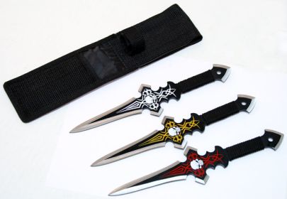 Defender Set Of 3 Skull Design Black Throwing Knives With Sheath